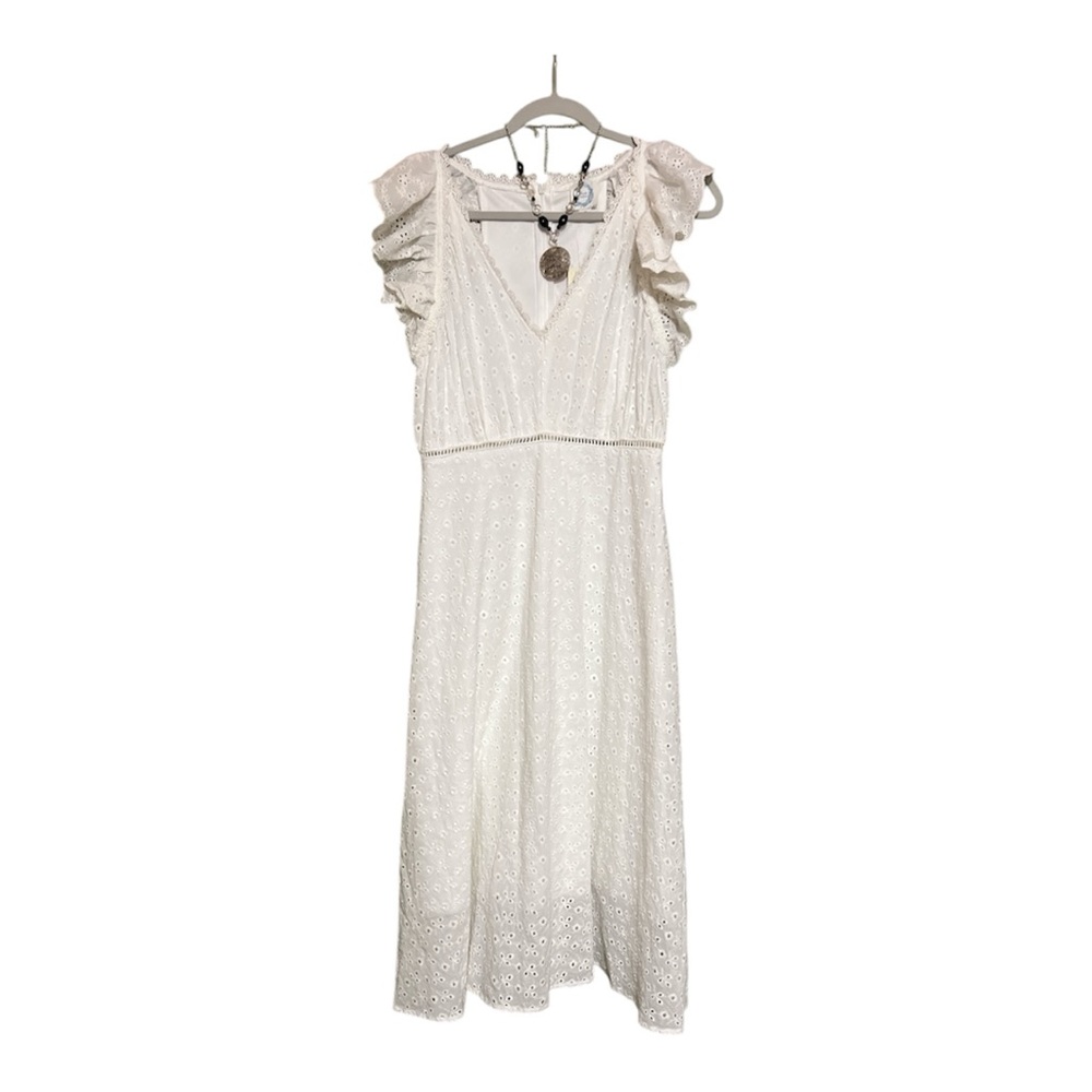 Francesca's Collections White Tiered Midi Dress with Flutter Sleeves